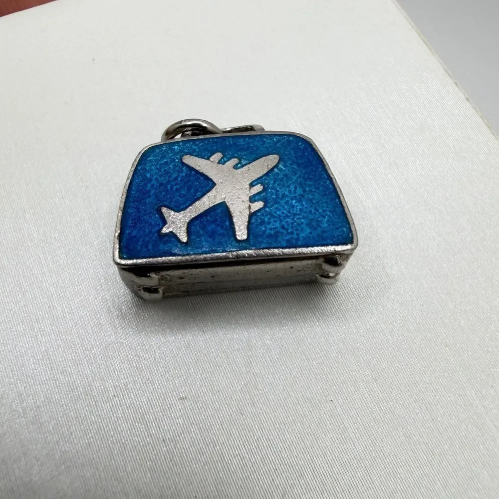 Vintage Sterling Silver and Blue Enamel, airplane‎ suitcase charm/pendant